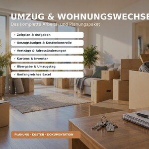 Puede incluir: Un paquete de planificación digital para mudanzas y cambios de vivienda, titulado UMZUG & WOHNUNGSWECHSEL. Incluye listas para horarios, presupuestos, contratos, inventario y el día de la mudanza, con un cuaderno y llaves sobre una mesa.