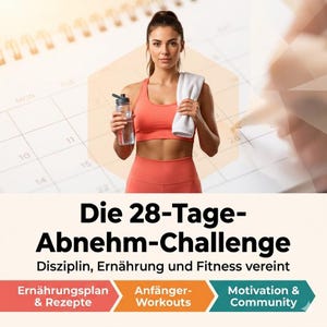 May include: A fitness-themed graphic featuring a person in a coral sports bra holding a water bottle and a white towel. The text reads: Die 28-Tage-Abnehm-Challenge, Disziplin, Ernährung und Fitness vereint, Ernährungsplan & Rezepte, Anfänger-Workouts, Motivation & Community.