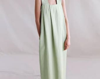 Sage Green Linen Cotton Maxi Dress: Loose Fit, Sleeveless, Minimalist Boho Style