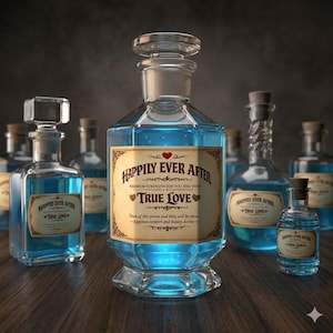 May include: A collection of clear glass bottles filled with glowing blue liquid. The central bottle features a beige label with the text Happily Ever After, Maximum Strength For You And Your True Love, and Drink of this potion and bliss will be thine.