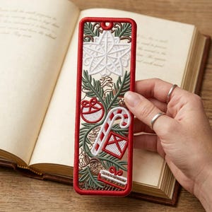 Bordado de marcapáginas navideño FSL, bordado a máquina de marcapáginas navideño, regalo de invierno para amantes de los libros, patrón festivo navideño, regalo para amantes de los libros