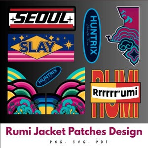 May include: A collection of graphic patches featuring the text SEOUL, SLAY, HUNTRIX World Tour, and Rrrrr'umi. The designs include colorful abstract wave patterns, geometric shapes, and stars in shades of pink, blue, yellow, red, and teal on a dark background.