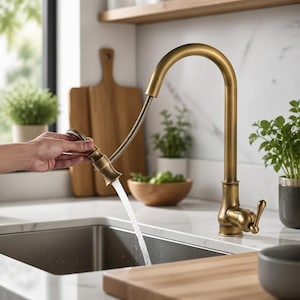Robinet de cuisine en laiton antique avec pulvérisateur rétractable, mélangeur d'évier de ferme en laiton, mitigeur de cuisine