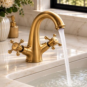 May include: A brushed gold bathroom tap with a high arched spout and two cross-style handles labelled Hot and Cold. Water flows from the spout into a white marble sink. The tap features a metallic finish and a classic design with four knobs.