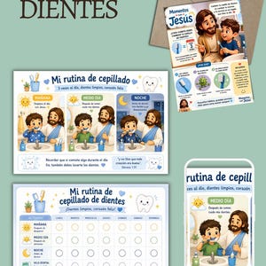 Op de afbeelding: Een set gedrukte materialen getiteld JESÚS Y MIS DIENTES, inclusief een informatiekaart, een dagelijks poetsroutine-schema, een wekelijkse bijhoudlijst en een digitaal display, allemaal met illustraties van een kind en Jezus die tandenpoetsen.