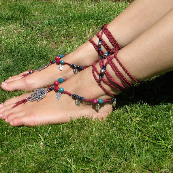 HANDMADE BAREFOOT SANDALS, Crocheted Yoga/Festival/Beach Feet Adornments, Beaded Foot Jewellery, Boho Ankle Wrap.