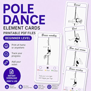 Può includere: Un set di schede stampabili con elementi di pole dance per principianti. Le carte presentano illustrazioni in bianco e nero di varie pose, tra cui Barrel, Bird, Bow and arrow e Brass monkey, con cerchi per il monitoraggio e spazi per note.
