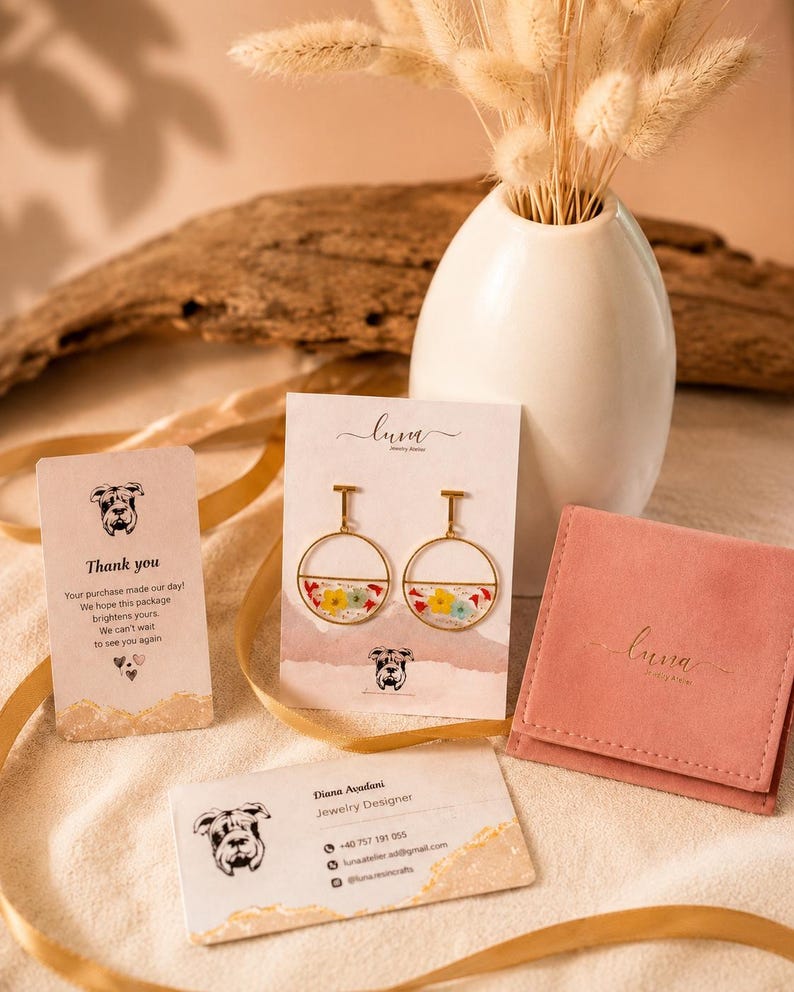 Pressed flower resin earrings in gold hoops with real dried flowers