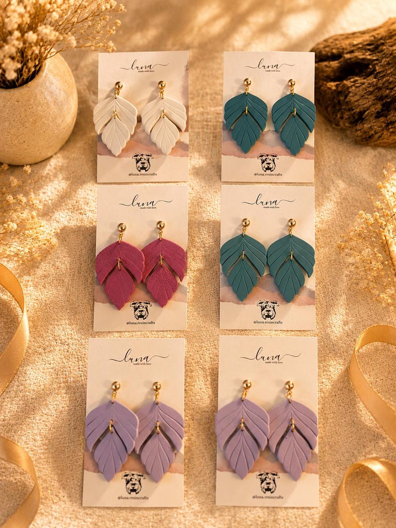 Botanical leaf polymer clay dangle earrings