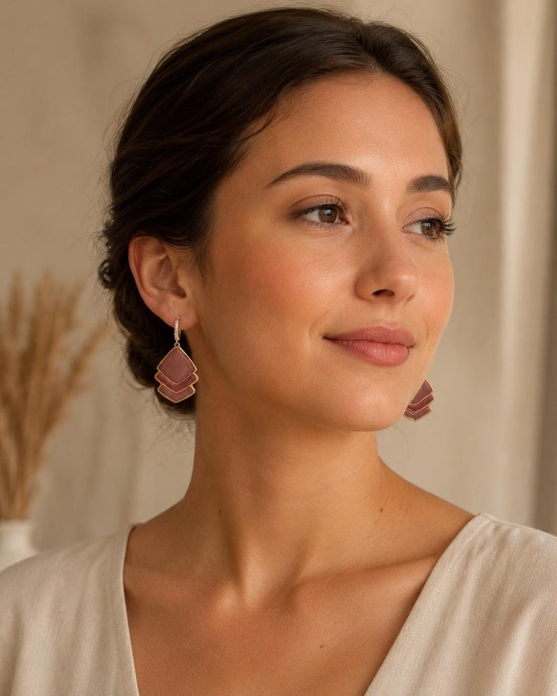Terracotta tiered Art Deco earrings with crystal gold huggie hoops