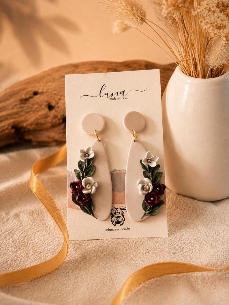 Burgundy bloom floral clay dangle earrings