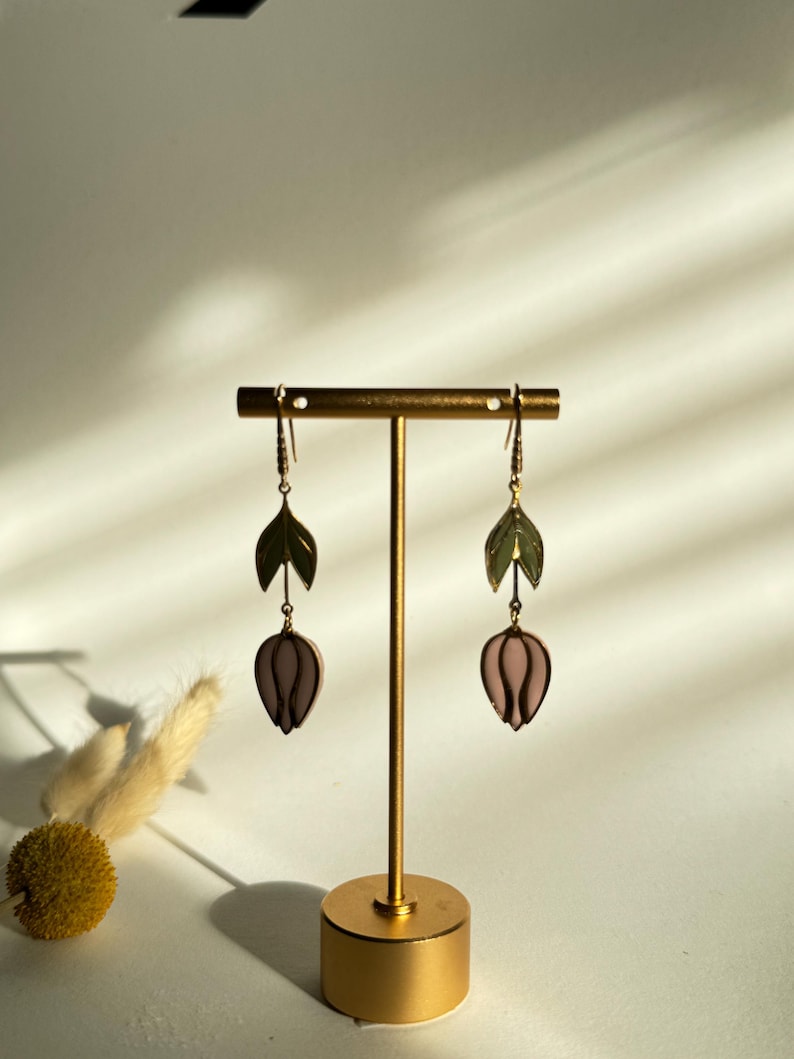Tulip and leaf drop earrings handmade from clay
