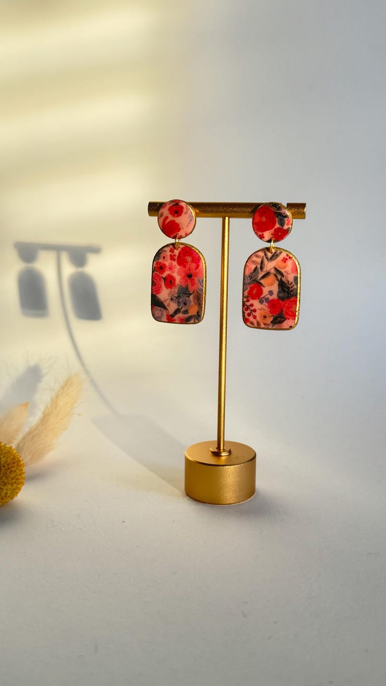 Vintage floral arch earrings with red roses and hand-gilded gold edge