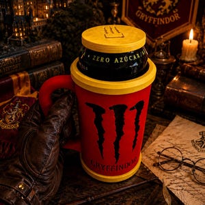 Può includere: Un portabevande cilindrico rosso e giallo con manico, caratterizzato da un logo Monster Energy nero e dalla parola Gryffindor stampata in nero. Il supporto contiene una lattina nera con il testo Zero Azúcar visibile sul bordo superiore.