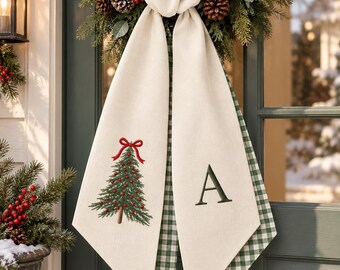 Personalized Christmas Wreath Sash, Embroidered Christmas Tree Monogram Sash, Custom Layered Wreath Ribbon, Holiday Front Door Decor
