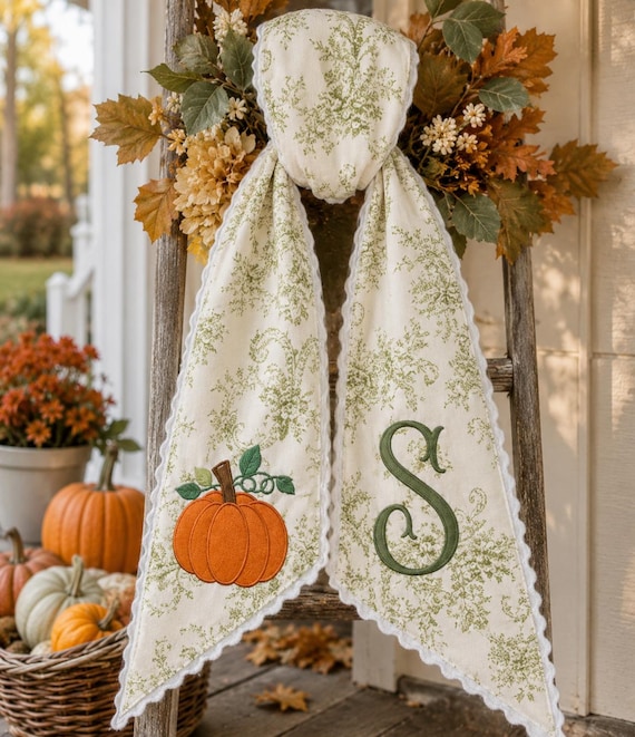 Embroidered Pumpkin Monogram Sash, Orange Toile Fall Wreath Bow, Farmhouse Decor