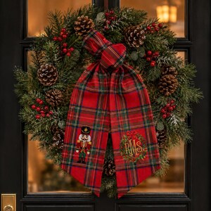 Personalized Christmas Wreath Sash, Embroidered Nutcracker Wreath Sash, Custom Monogram Holiday Door Decor, Plaid Christmas Wreath Ribbon