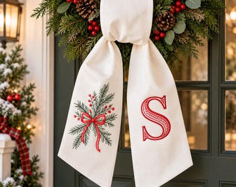Personalized Christmas Wreath Sash, Embroidered Monogram Wreath Bow, Custom Initial Christmas Door Decor, Vintage Holiday Wreath Decoration