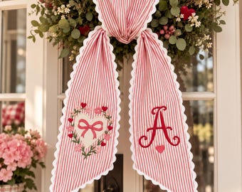 Personalized Valentine Wreath Sash, Red Striped Embroidered Monogram Door Decor, Heart Wreath Bow
