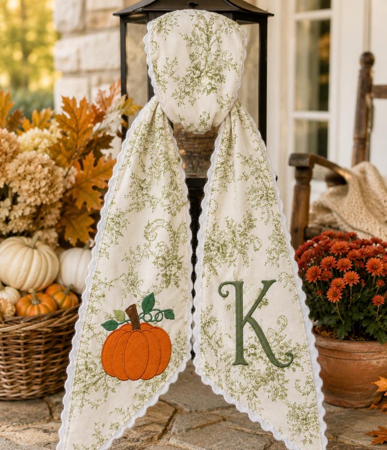 May include: A cream-colored fabric scarf featuring a green floral pattern, white scalloped trim, an embroidered orange pumpkin with green leaves on one end, and a large green embroidered letter K on the other end, draped over a black metal frame.