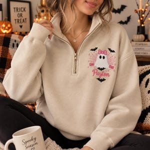 Personalized Halloween Quarter Zip Sweatshirt, Embroidered Ghost Pullover, Custom Name Halloween Sweatshirt, Cute Spooky Season Gift