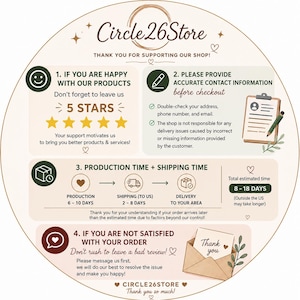 May include: A circular informational graphic for Circle26Store featuring four sections: a request for 5-star reviews, instructions to provide accurate contact details, a production and shipping timeline, and a prompt to message before leaving a review.