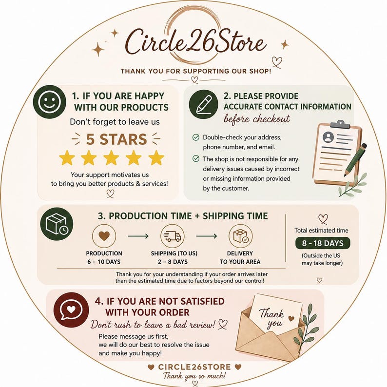 May include: A circular informational graphic for Circle26Store featuring four sections: a request for 5-star reviews, instructions to provide accurate contact details, a production and shipping timeline, and a prompt to message before leaving a review.