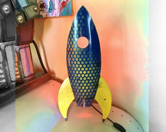 Retro Rocket Ship Art Lamp Reclaimed Steel  Navy Blue & Yellow