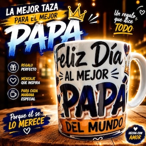 May include: A white ceramic mug featuring the Spanish text Feliz Día AL MEJOR PAPA DEL MUNDO in bold black and blue lettering. The design includes small heart icons and a golden crown graphic. The mug has a handle on the right side and a smooth finish.