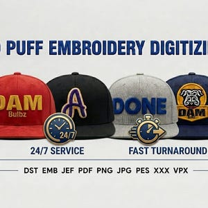 Peut inclure: Quatre casquettes de baseball avec broderie 3D en relief. La casquette rouge affiche DAM Bulbz, la noire une lettre A, la grise DONE, et la marine un logo bouledogue avec DAM Bulbz. Inclut des icônes 24/7 SERVICE, FAST TURNAROUND et les formats DST, EMB, JEF, PDF, PNG, JPG, PES, XXX, VPX.