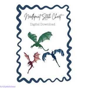 May include: A needlepoint stitch chart digital download featuring three pixelated dragon illustrations in green, red, and blue. The design is enclosed in a dark blue wavy border on a white background with the text Needlepoint Stitch Chart.