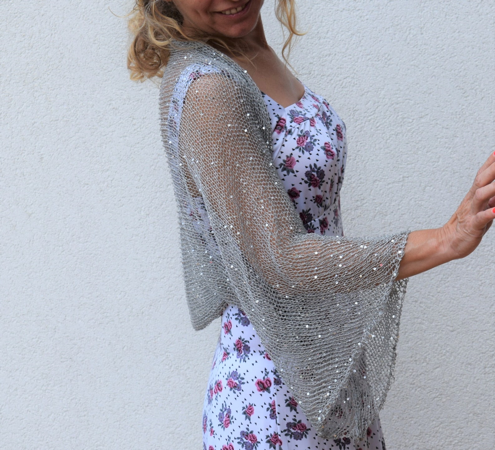 Sequined Silver Grey Shrug . Sparkly evening Bolero. Sheer Etsy