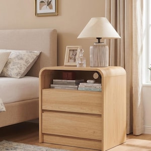 Curved Wood Nightstand with Charging Station | 2 Drawer Bedside Table, Minimalist Scandinavian Design