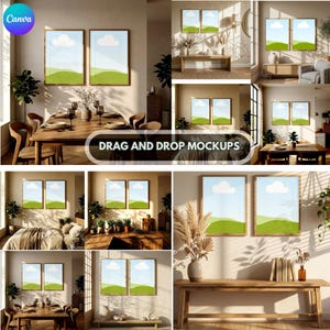 Pode incluir: Um conjunto de maquetes digitais com duas impressões artísticas verticais emolduradas exibindo uma ilustração de paisagem minimalista com colinas verdes, céu azul claro e uma nuvem branca, em vários ambientes internos.