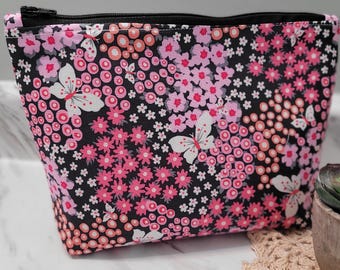 Pink Floral Butterfly Makeup Bag: Cotton Cosmetic Zipper Pouch