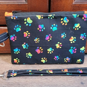 Rainbow Paw Print Fabric Wristlet Purse, Wristlet Pouch, Wristlet Wallet, Wristlet Purse, Wristlet Zipper Pouch, Keychain Pouch, Small Purse