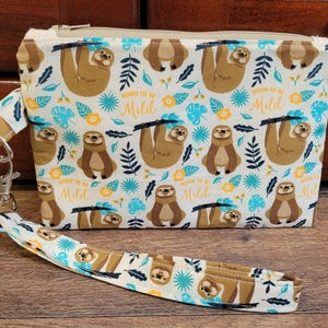 Sloth Print Fabric Wristlet Purse, Wristlet Pouch, Wristlet Wallet, Wristlet Purse, Wristlet Zipper Pouch, Keychain Pouch, Small Purse