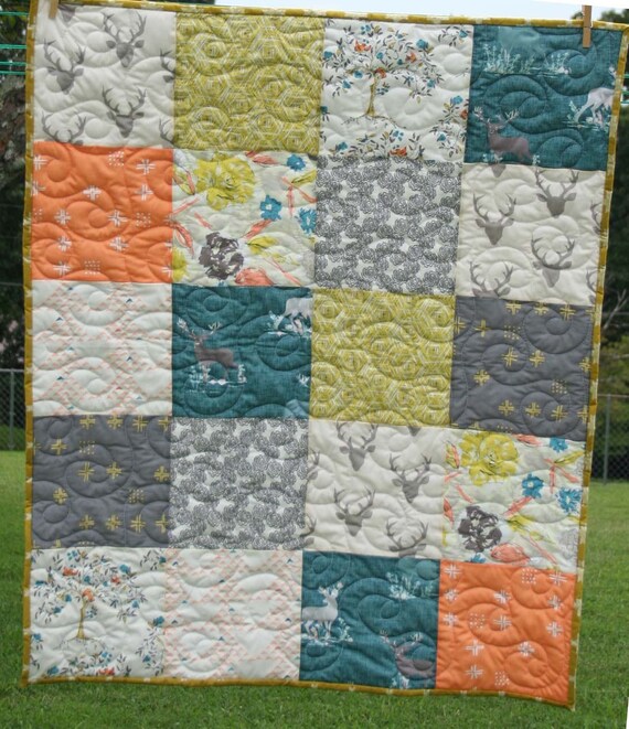 Peach Yellow And Teal With Gray Woodland Floral Quilt Baby Etsy