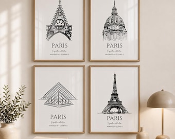 Set di 4 Poster Vintage Parigi | Torre Eiffel, Notre Dame, Louvre e Invalides | Decorazione Parete | Architettura Francese | Coordinate GPS
