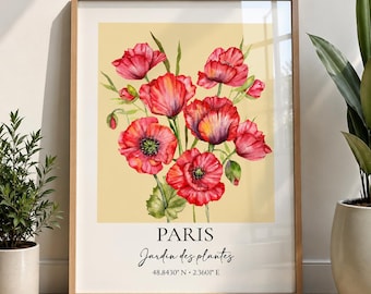 Poster Parigi Jardin des Plantes | Stampa Botanica Papaveri | Arte Murale Floreale Vintage | Decorazione Parigina | Coordinate GPS