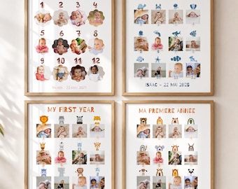 Poster Personalizzato Primo Anno Bebè | Collage 12 Foto | Ricordo Primo Compleanno | Decorazione Cameretta