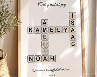 Poster Famiglia Personalizzato Scrabble, Cruciverba con Nomi, Regalo Famiglia, Decorazione Parete Personalizzata