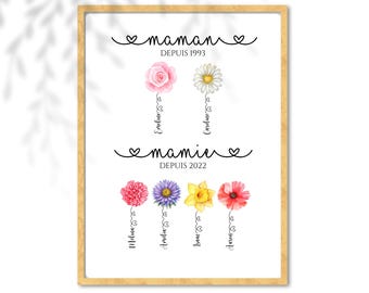 Affiche Fleurs de Naissance Personnalisée Maman & Mamie, Arbre généalogique, Poster Prénoms Famille, Bouquet Floral de Naissance