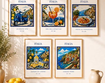 Set Poster Italia | Arte Murale Italiana, Cinque Terre, Costiera Amalfitana, Limoncello, Vespa e Pasta | Decorazione Cucina