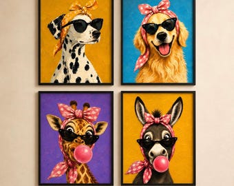 Set di 4 Poster Animali Divertenti | Quadri Animali Vintage | Cane, Giraffa e Asino | Stile Dipinto | Download Digitale