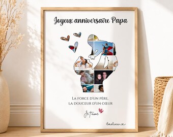 Affiche Personnalisée silhouette Papa porte son enfant, Cadeau anniversaire fête papa, Collage Photo Famille, Poster avec Prénoms et Cœurs