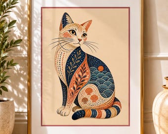 Stampa Gatto Boho Chic | Illustrazione Felina Moderna | Decorazione Japandi | Arte Gatto Elegante | Quadro Decorativo