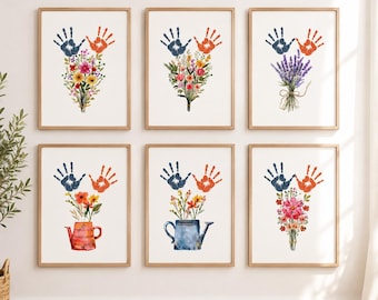 Set di 12 Attività con Impronte delle Mani | Regalo Mamma, Nonna, Papà e Tata | Bouquet di Fiori Personalizzato | DIY Stampabile