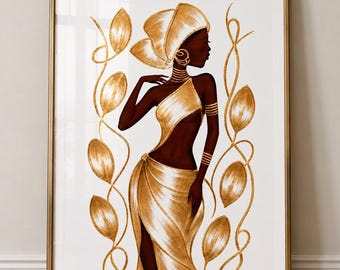 Poster Donna Dominicana Dorata | Arte Caraibica Raffinata | Decorazione Afro Chic | Opera Ispirata alla Cultura Dominicana