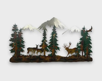 36 po. Scène de montagne avec famille de cerfs mulets